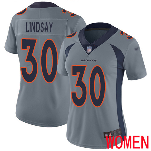 Women Denver Broncos #30 Phillip Lindsay Limited Silver Inverted Legend Football NFL Jersey